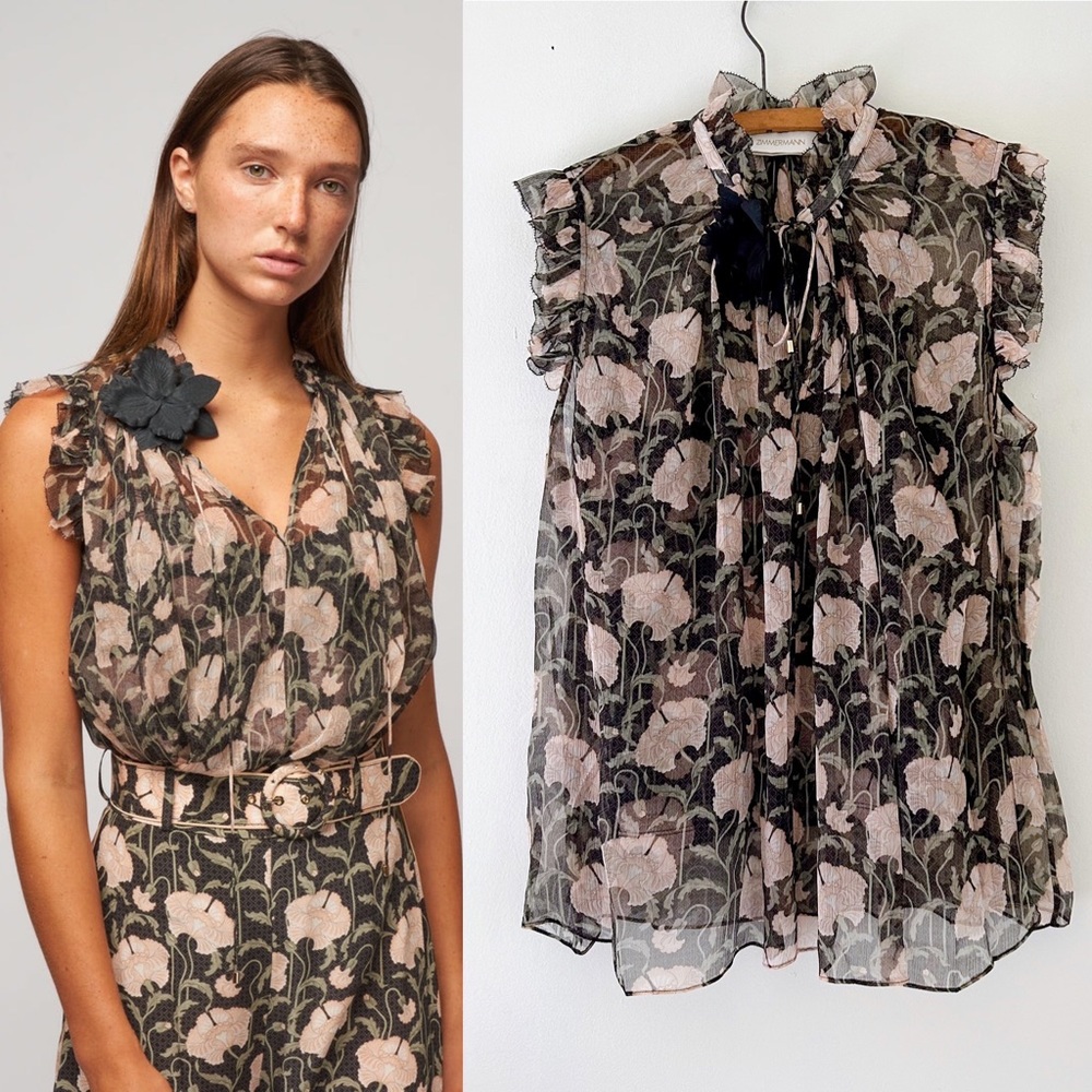 Zimmermann kaleidoscope frilled tank - charcoal poppy Sz 3